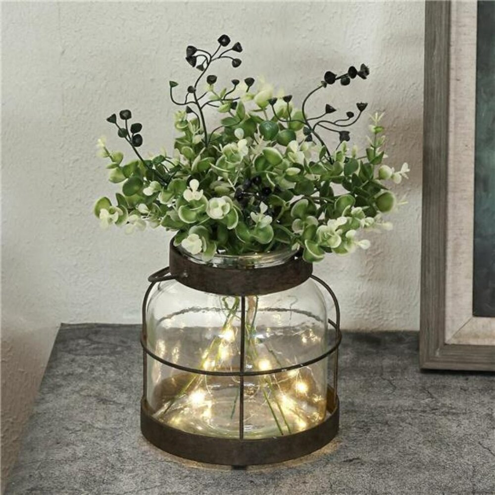 Vintage Glass Lantern Vase with Faux Greenery Rustic Farmhouse Home Decor